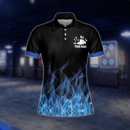 Blue Flame Custom Womens Bowling Polo Shirt, Custom Flame Bowling Team Shirts For Ladies BW0153