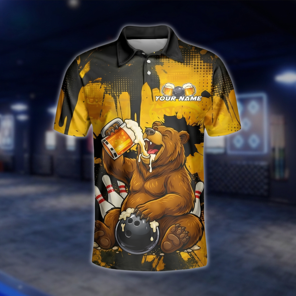 Personalized Bear Beer Bowling Polo Shirt Mens, Custom Team Bear Bowling Shirt BZ0926