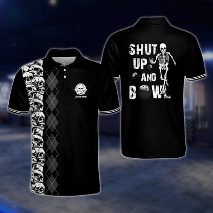 Shut Up And Bowl Custom Skeleton Black White Bowling Polo Shirt For Mens, Custom Skull Funny Bowling Shirts BM0124