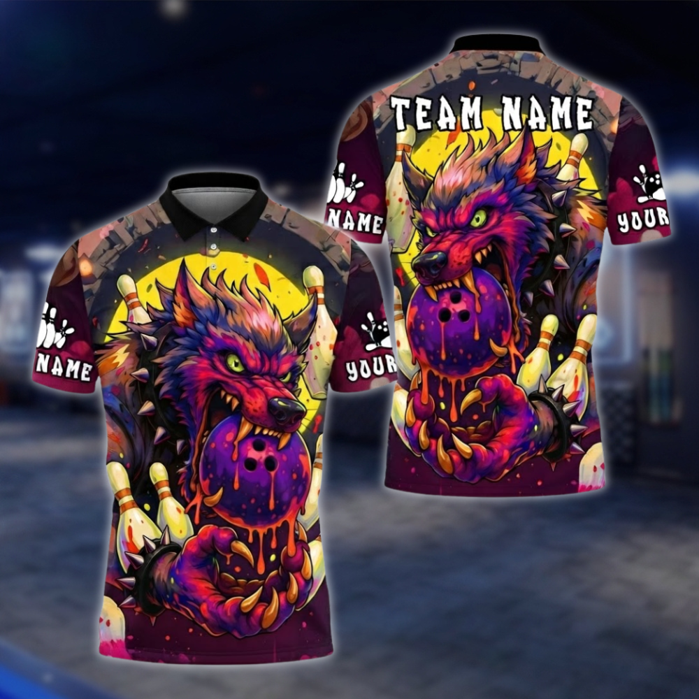 Personalized Wolf Colorful Bowling Mens Polo Shirt, Custom Wolf Bowling Team Shirt BE0215