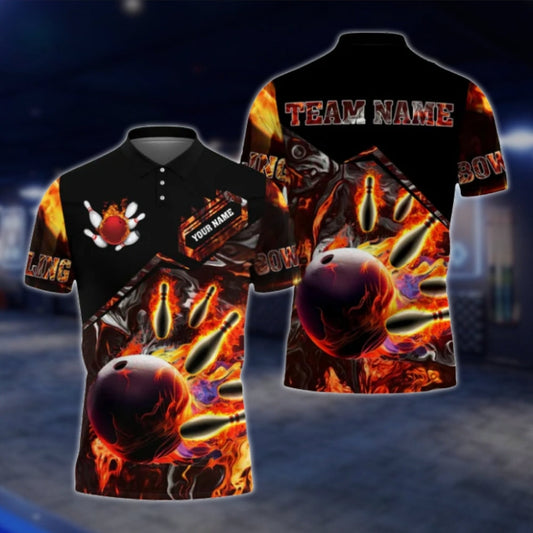 Custom Flame Ball Bowling Mens Polo Shirt, Custom Flame Bowling Shrits For Team BO0104