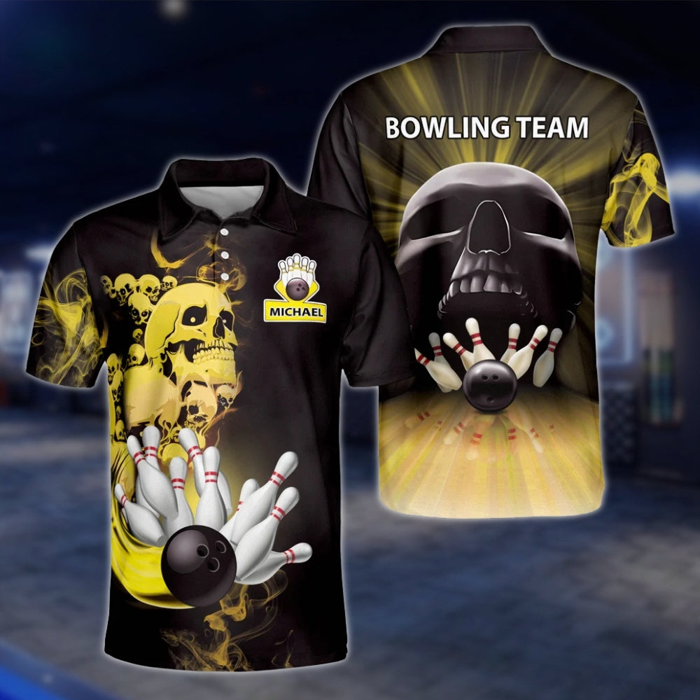 Custom Skeleton Fire Mens Bowling Polo Shirt, Custom Skull Bowling Team Shirts BZ0189