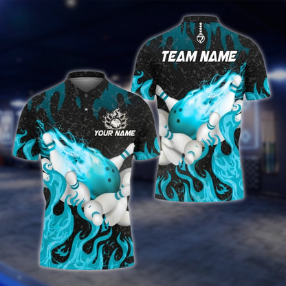 Personalized Flaming Cyan Bowling Polo Shirt, Custom Flame Team Bowling Shirts BZ0745