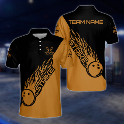 Customized Black Blue Flame Ball Strike Bowling Polo Shirts For Men, Custom Flame Bowling Team Shirts BM0304