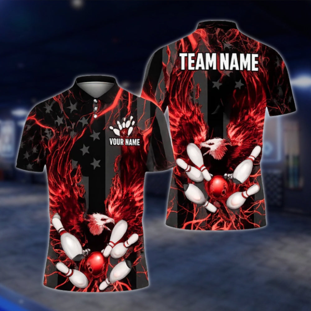 Custom Eagle Blue Black Bowling Mens Polo Shirt, Custom Eagle Bowling Shirt Team BZ0442