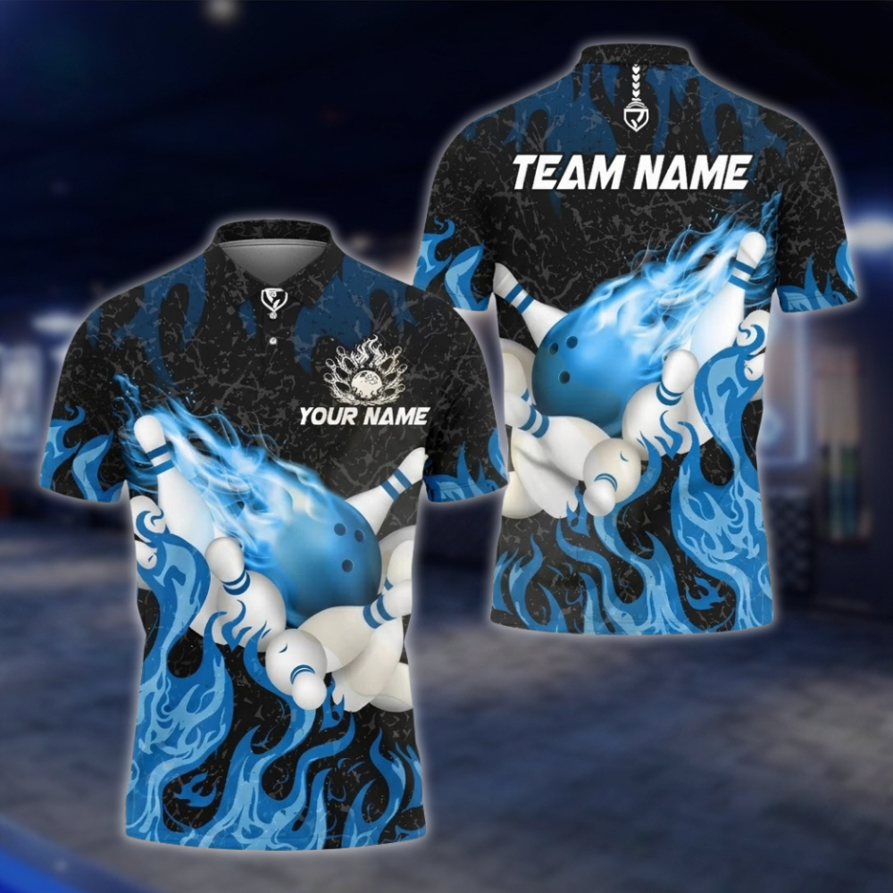 Personalized Flaming Cyan Bowling Polo Shirt, Custom Flame Team Bowling Shirts BZ0745