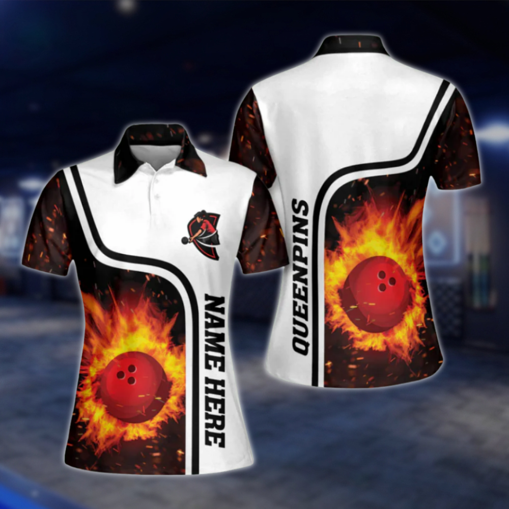 Personalized Queen Pins Flame Bowling Polo Shirt Womens, Custom Flame Bowling Shirt For Ladies BW0129