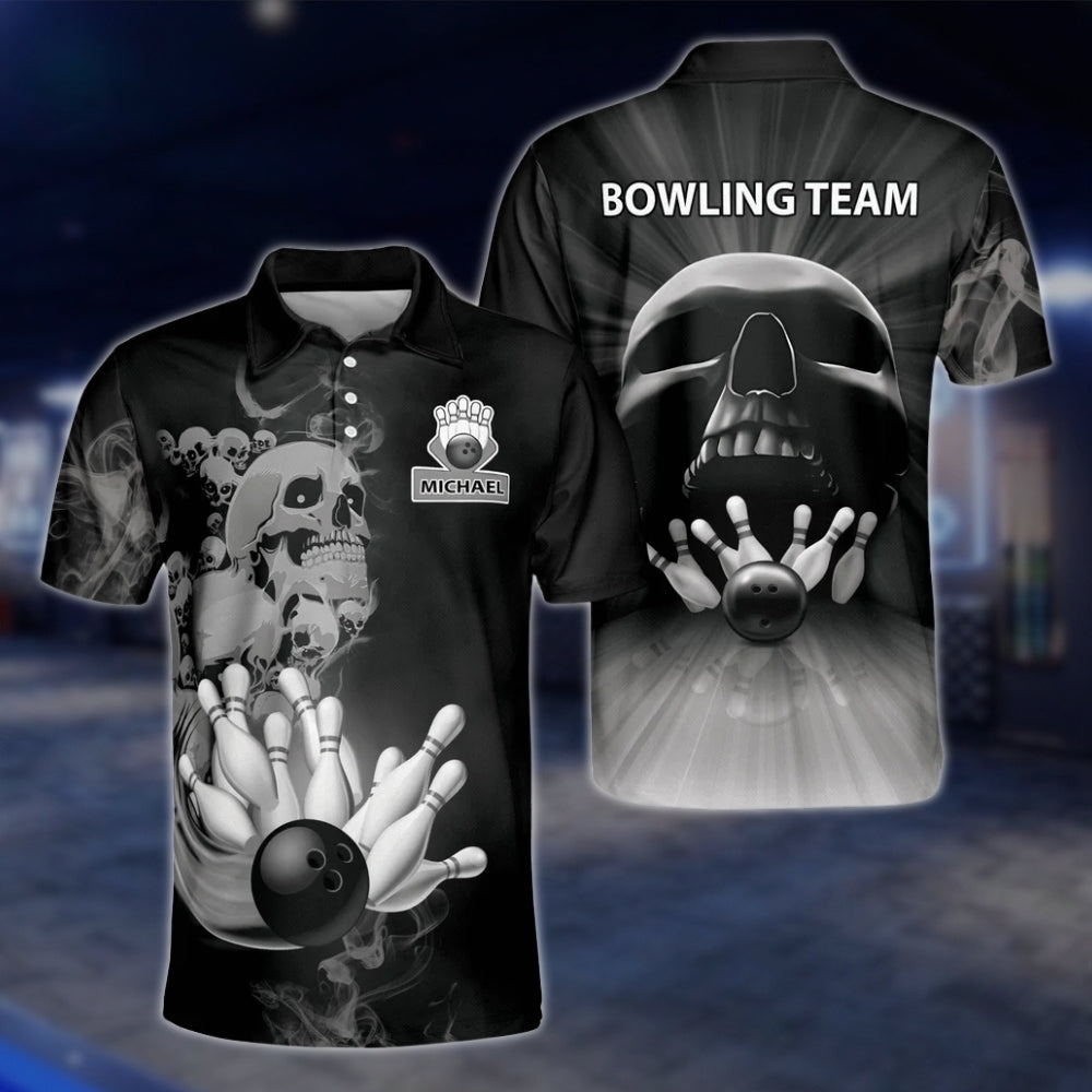Custom Skeleton Fire Mens Bowling Polo Shirt, Custom Skull Bowling Team Shirts BZ0189
