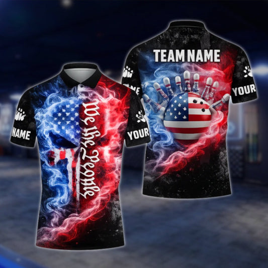 Skull American Flag Custom Bowling Polo Shirt For Mens, Custom Skull Patriotic Bowling Team Shirts BZ0441