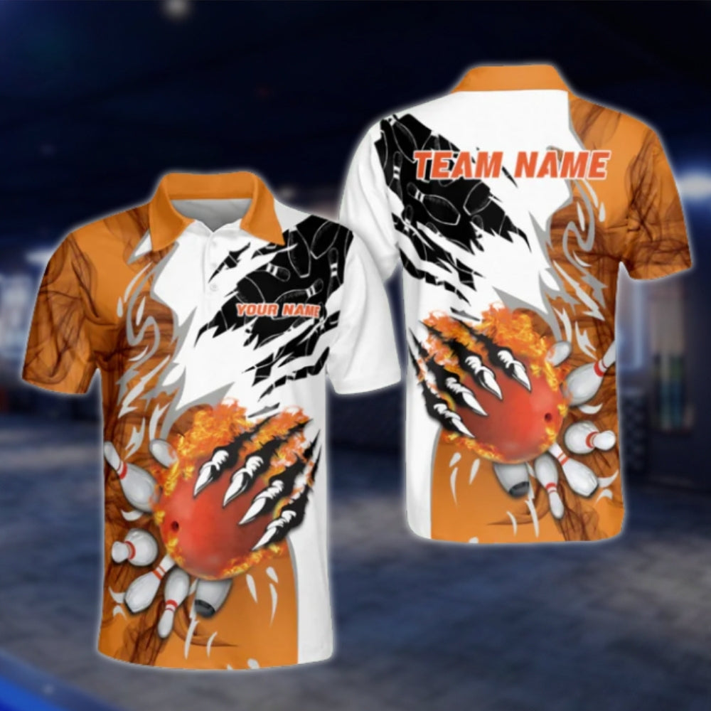 Custom Flame Orange White Mens Bowling Polo Shirt, Custom Flame Bowling Team Shirts BO0094