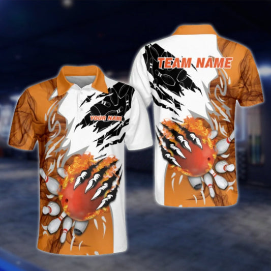 Custom Flame Orange White Mens Bowling Polo Shirt, Custom Flame Bowling Team Shirts BO0094