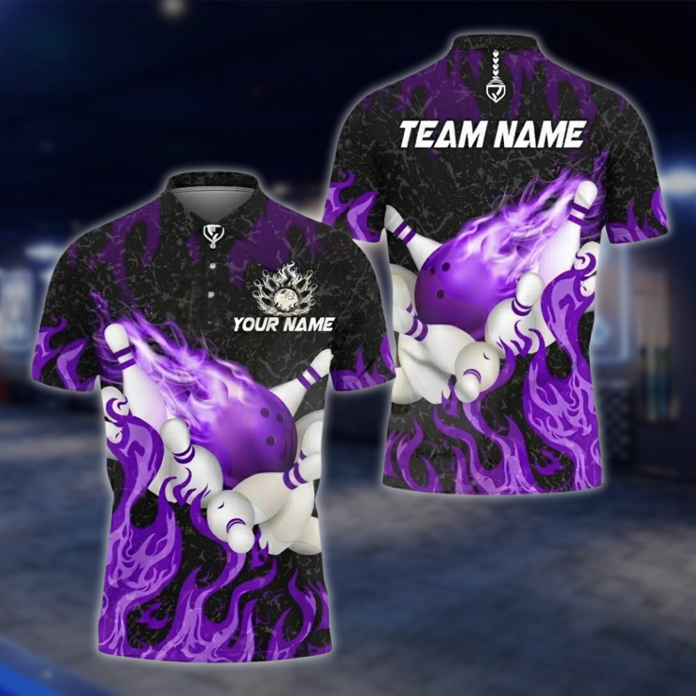 Personalized Flaming Cyan Bowling Polo Shirt, Custom Flame Team Bowling Shirts BZ0745
