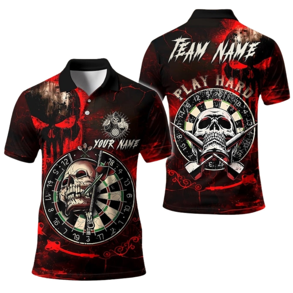 Skull Dartboard Mens Black Red Personalized Darts Button Polo