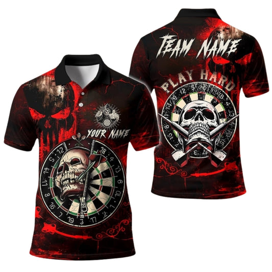 Skull Dartboard Mens Black Red Personalized Darts Button Polo