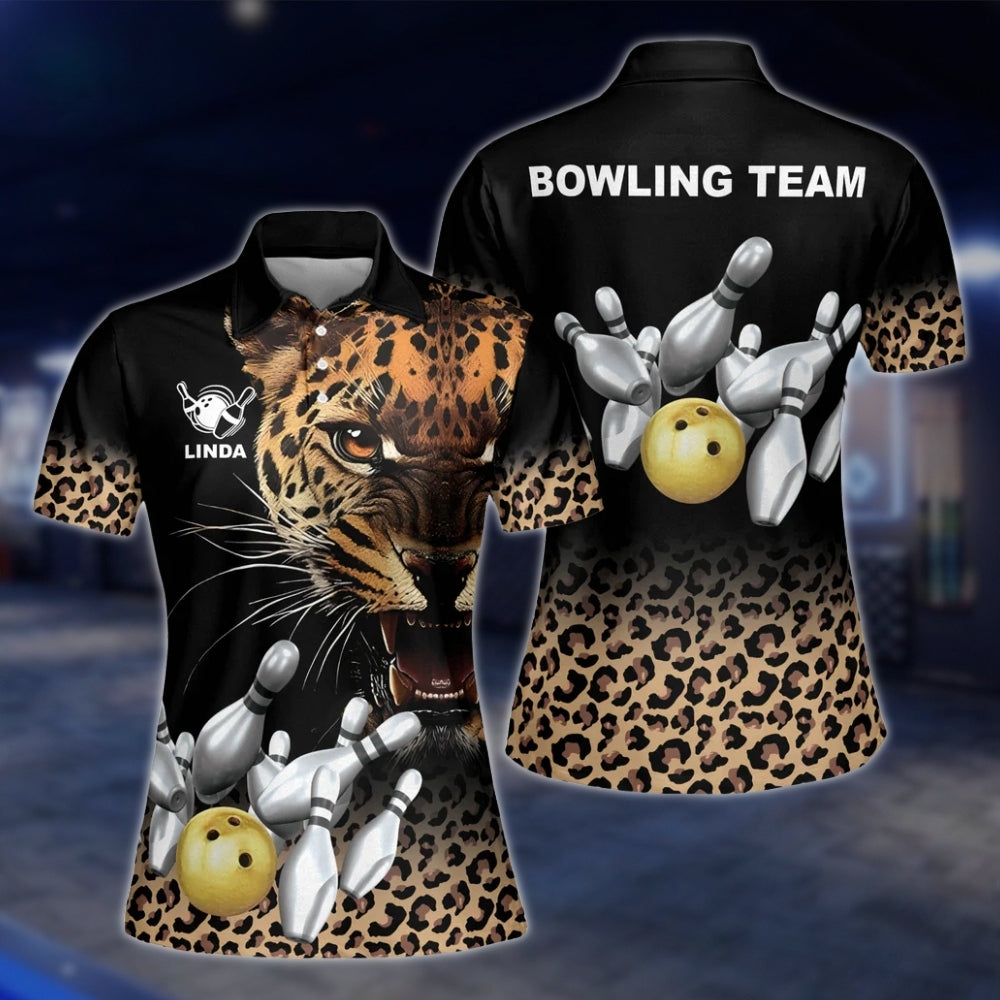 Custom Leopard Womens Bowling Polo Shirt, Custom Leopard Bowling Team Shirt For Ladies BZ0247