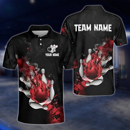 Custom Flaming Ball Bowling Polo Shirt For Mens, Custom Team Flame Bowling Shirts BZ0183
