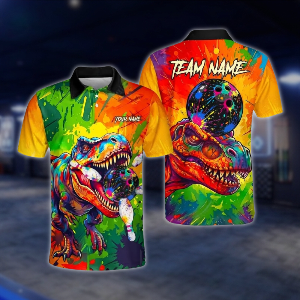 Personalized T-Rex Mens Colorful Bowling Polo Shirt, Custom Dinosaur Team Bowling Shirt BZ0927