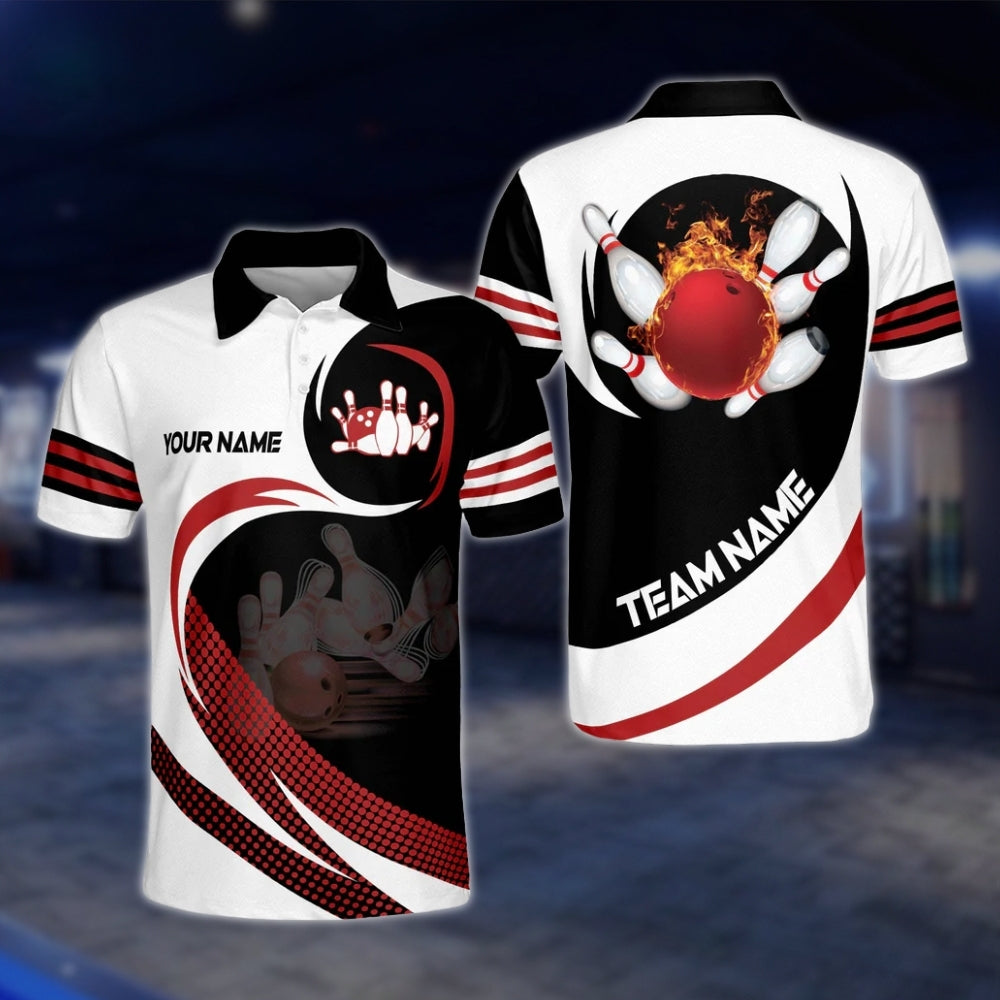 Custom Team White Red Black Bowling Polo Shirt Mens, Custom Bowling Team Shirts BM0296