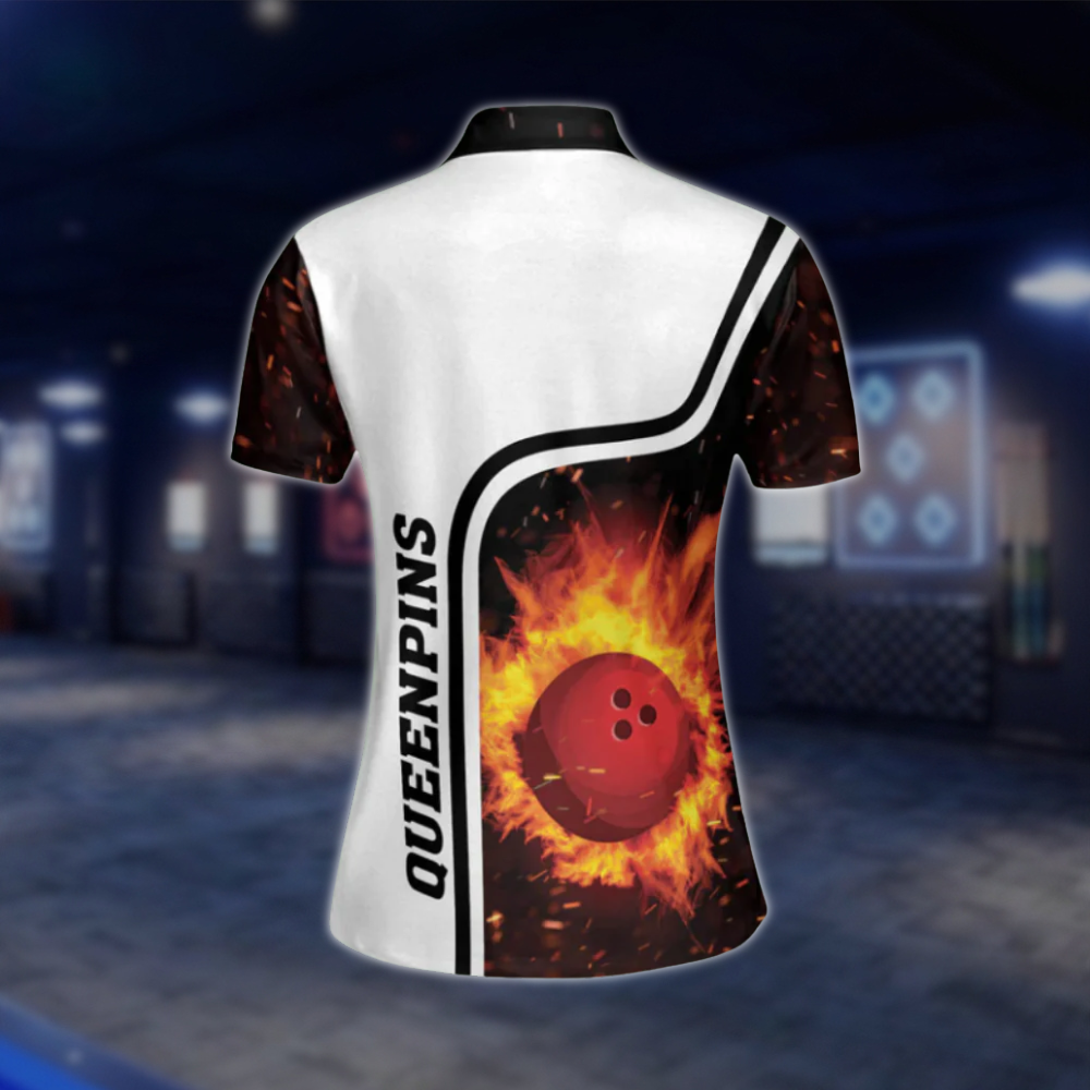 Personalized Queen Pins Flame Bowling Polo Shirt Womens, Custom Flame Bowling Shirt For Ladies BW0129