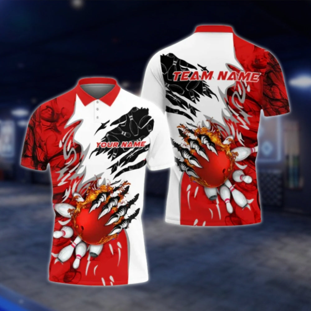 Custom Flame Orange White Mens Bowling Polo Shirt, Custom Flame Bowling Team Shirts BO0094