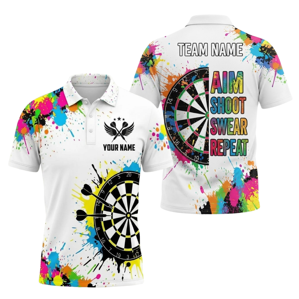Aim Shoot Swear Repeat Colorful Men Personalized Darts Button Polo