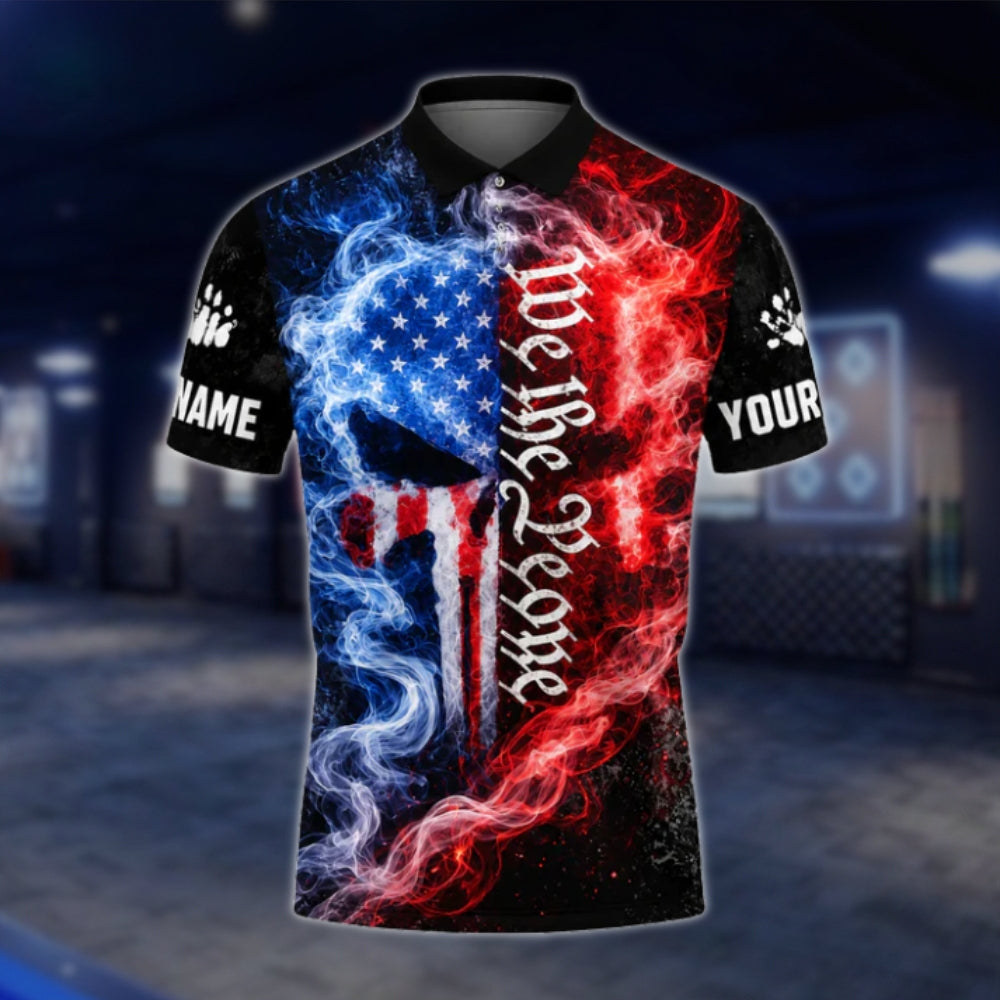 Skull American Flag Custom Bowling Polo Shirt For Mens, Custom Skull Patriotic Bowling Team Shirts BZ0441