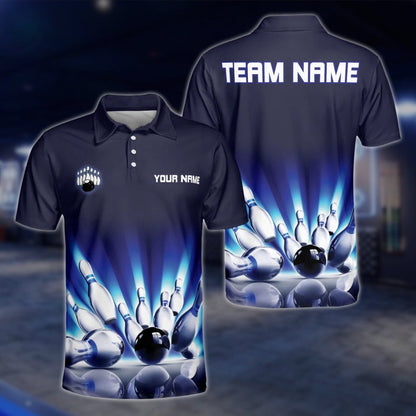Custom Team Blue Black Mens Bowling Polo Shirt, Custom Bowling Shirts BZ0063