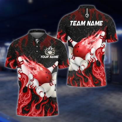 Personalized Flaming Cyan Bowling Polo Shirt, Custom Flame Team Bowling Shirts BZ0745