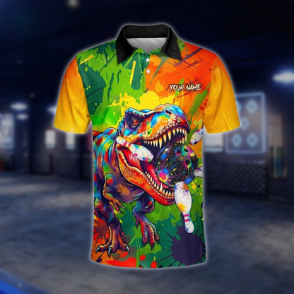 Personalized T-Rex Mens Colorful Bowling Polo Shirt, Custom Dinosaur Team Bowling Shirt BZ0927