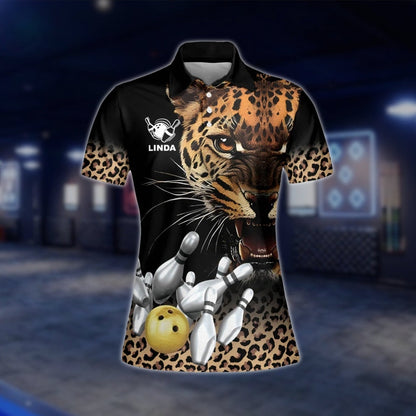 Custom Leopard Womens Bowling Polo Shirt, Custom Leopard Bowling Team Shirt For Ladies BZ0247