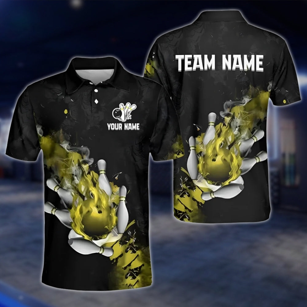 Custom Flaming Ball Bowling Polo Shirt For Mens, Custom Team Flame Bowling Shirts BZ0183