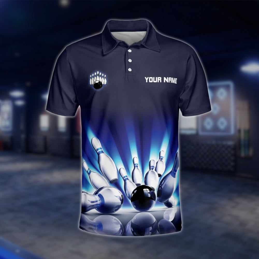 Custom Team Blue Black Mens Bowling Polo Shirt, Custom Bowling Shirts BZ0063