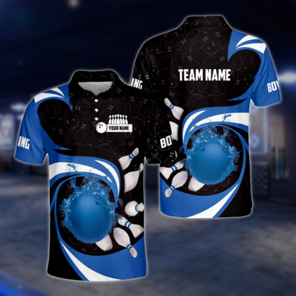 Personalised Blue Flame Ball Polo Bowling Team Shirts Men, Custom Team Flame Bowling Shirt BZ0181