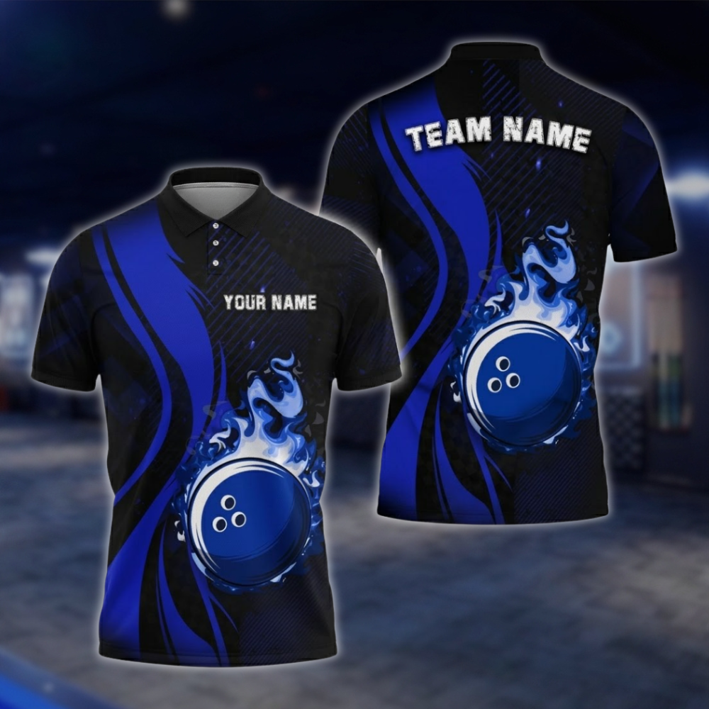 Personalized Flame Ball Men's Blue Black Bowling Polo Shirt, Custom Flame Bowling Team Shirts BZ0746