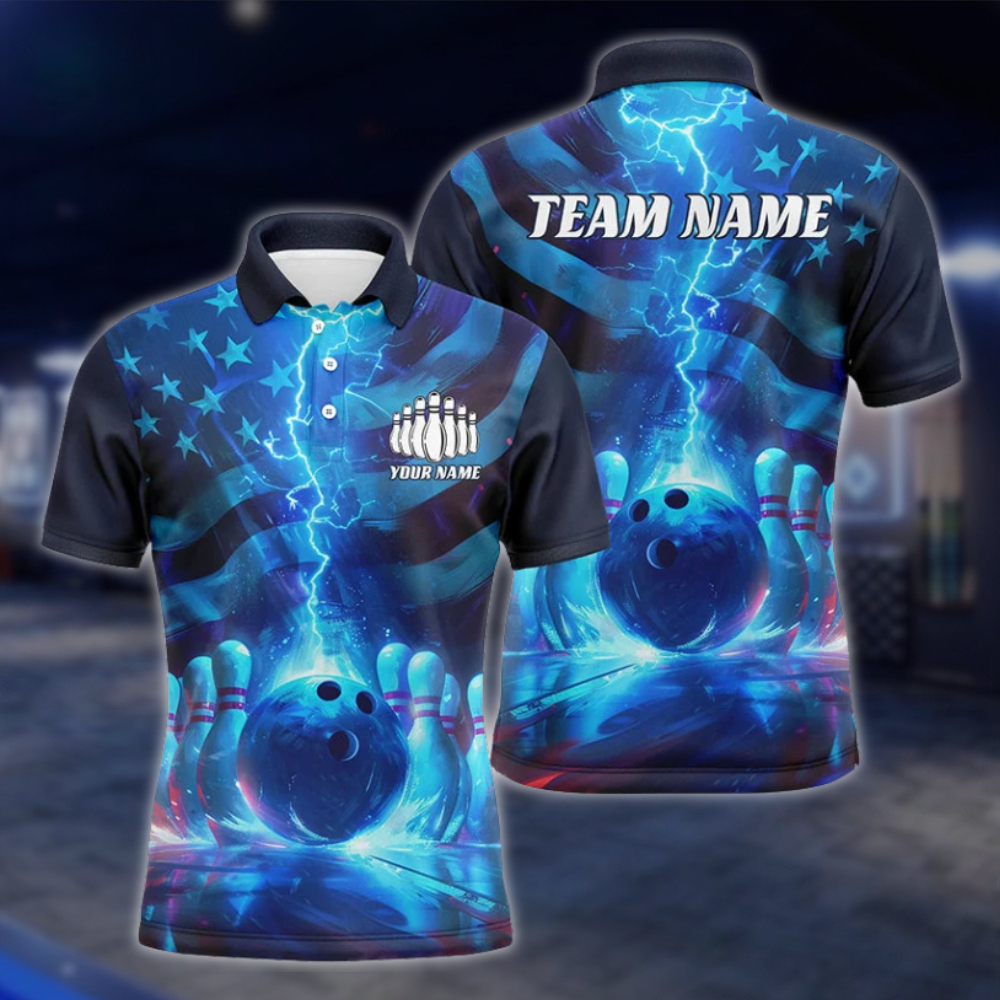Personalized Thunder Lightning American Flag Bowling Polo Shirt For Men, Custom Patriotic Bowling Team Shirts BZ0765