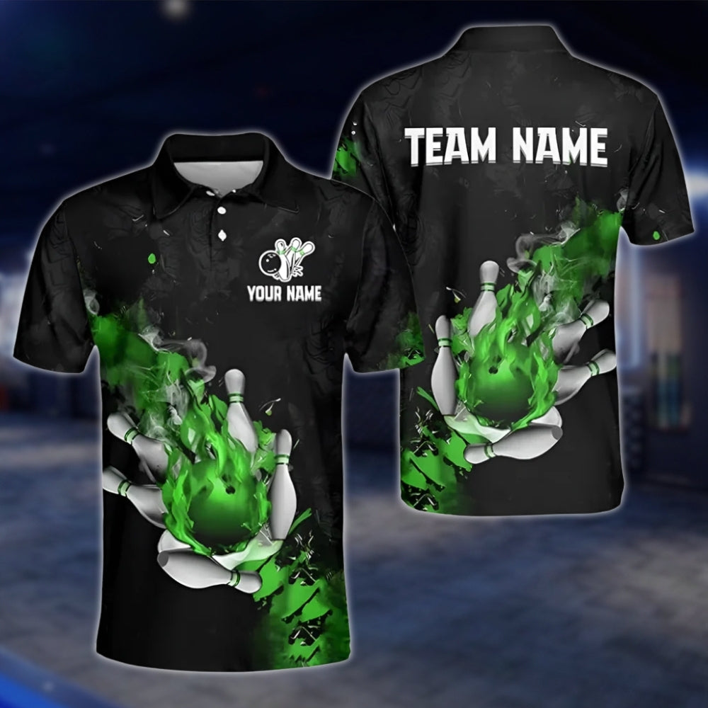 Custom Flaming Ball Bowling Polo Shirt For Mens, Custom Team Flame Bowling Shirts BZ0183