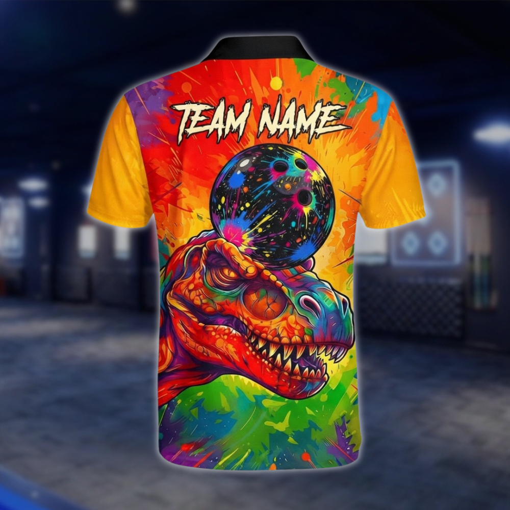 Personalized T-Rex Mens Colorful Bowling Polo Shirt, Custom Dinosaur Team Bowling Shirt BZ0927