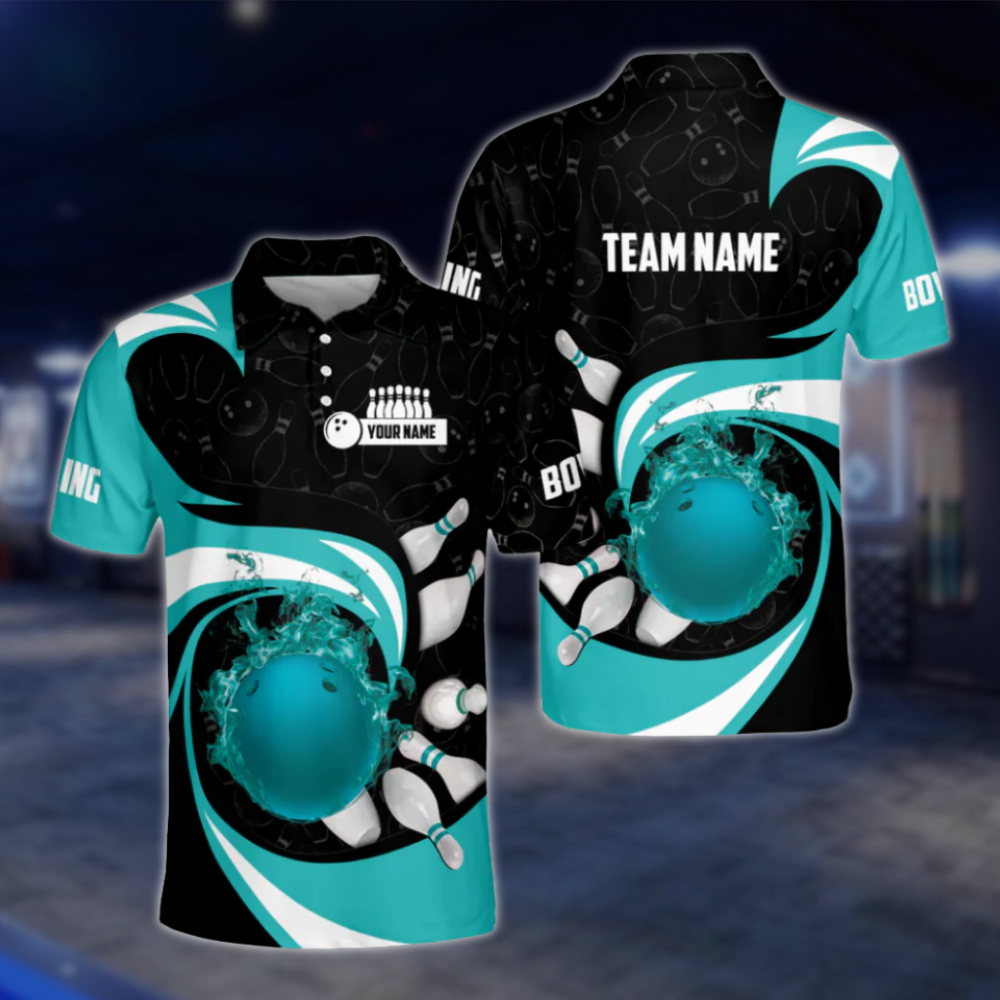 Personalised Blue Flame Ball Polo Bowling Team Shirts Men, Custom Team Flame Bowling Shirt BZ0181