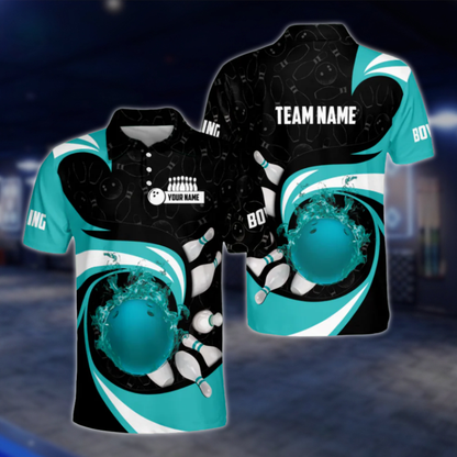 Personalised Blue Flame Ball Polo Bowling Team Shirts Men, Custom Team Flame Bowling Shirt BZ0181