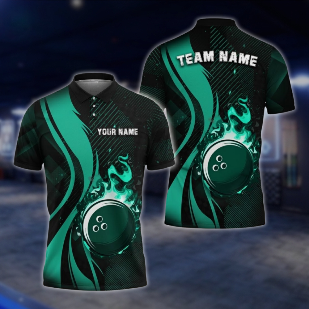 Personalized Flame Ball Men's Blue Black Bowling Polo Shirt, Custom Flame Bowling Team Shirts BZ0746