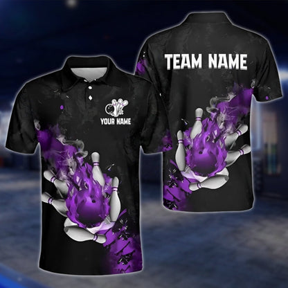 Custom Flaming Ball Bowling Polo Shirt For Mens, Custom Team Flame Bowling Shirts BZ0183