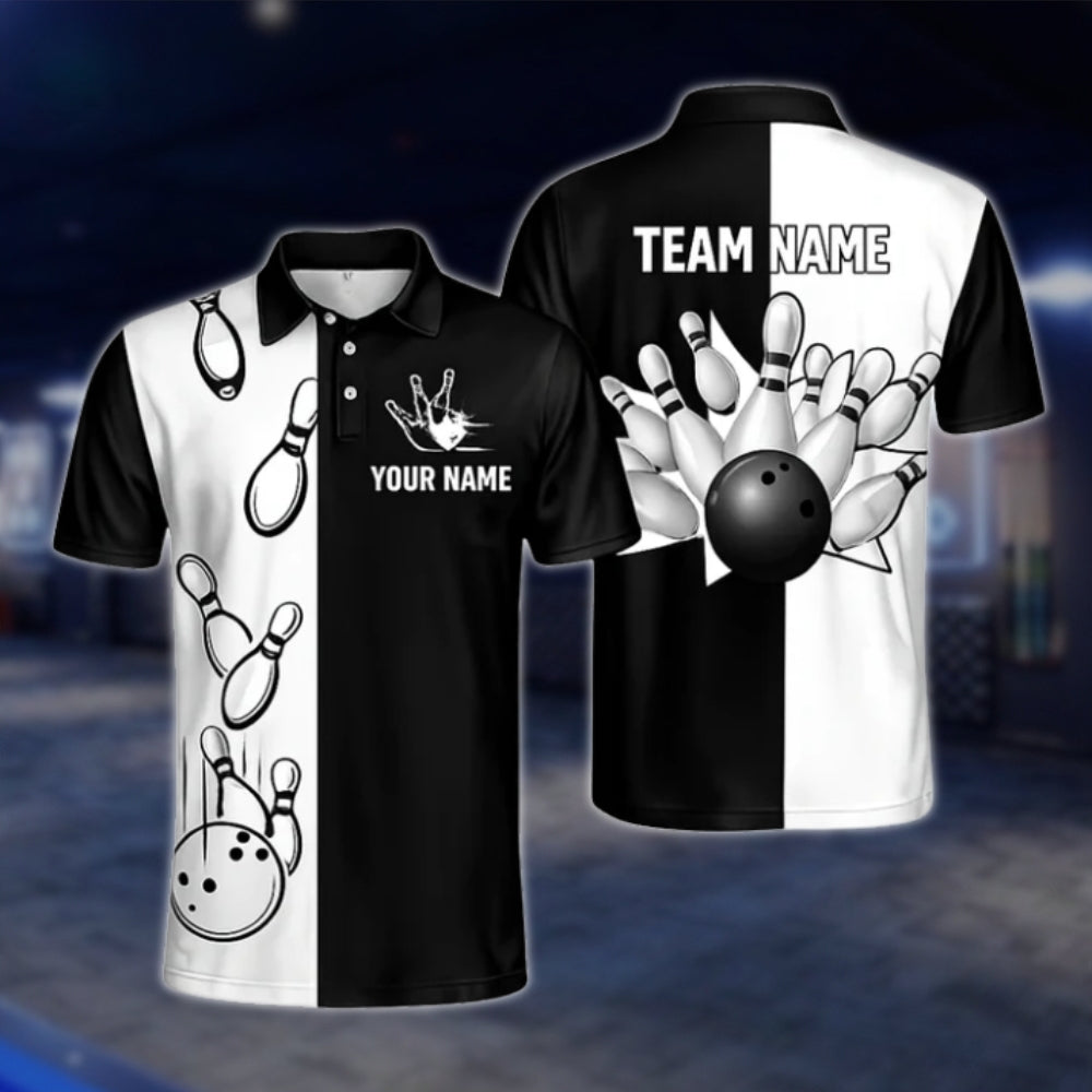 Black And White Custom Team Bowling Mens Polo Shirt, Custom Bowling Team Shirts BZ0439