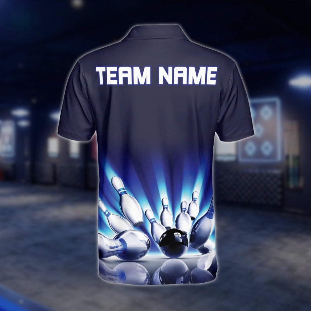 Custom Team Blue Black Mens Bowling Polo Shirt, Custom Bowling Shirts BZ0063