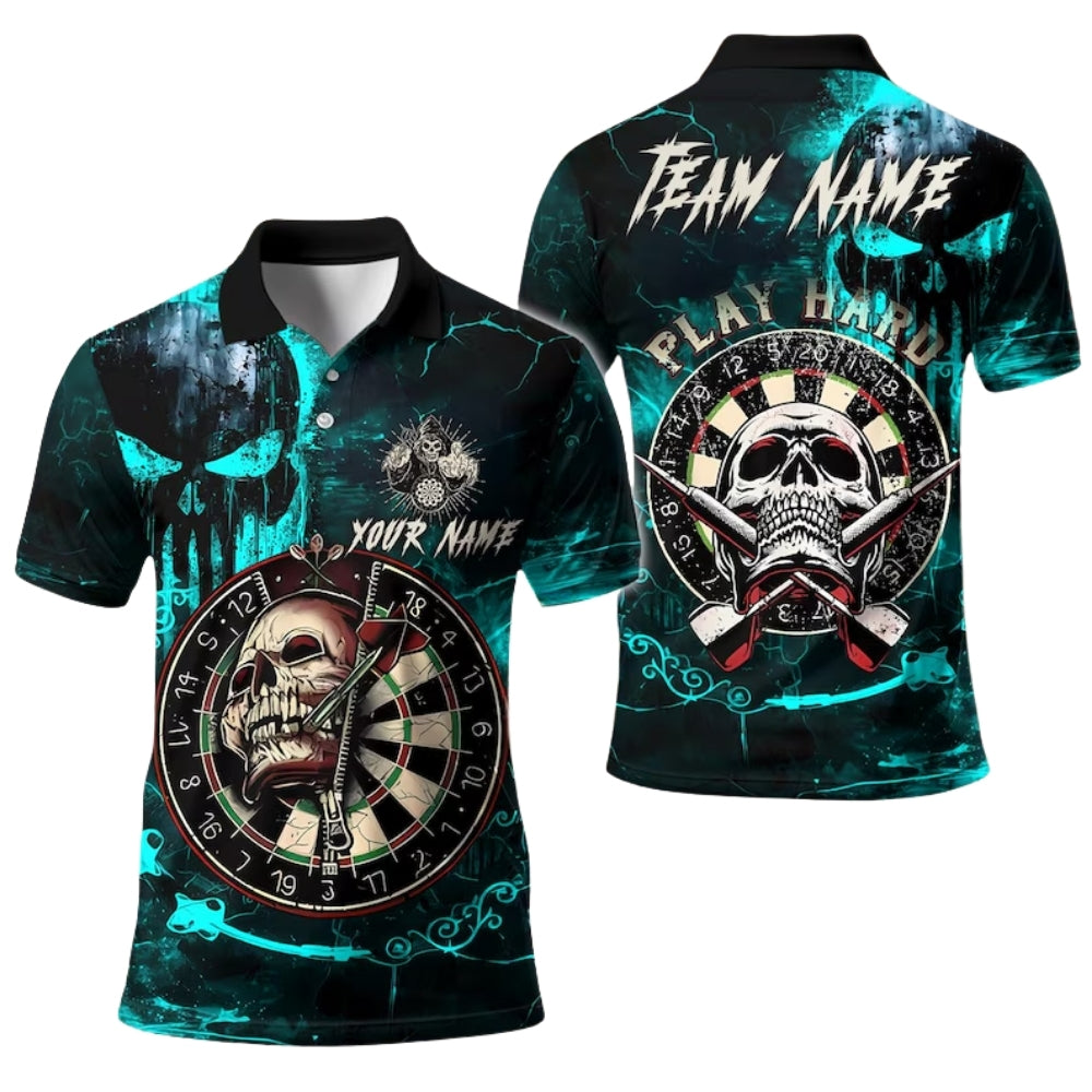 Skull Dartboard Mens Black Red Personalized Darts Button Polo
