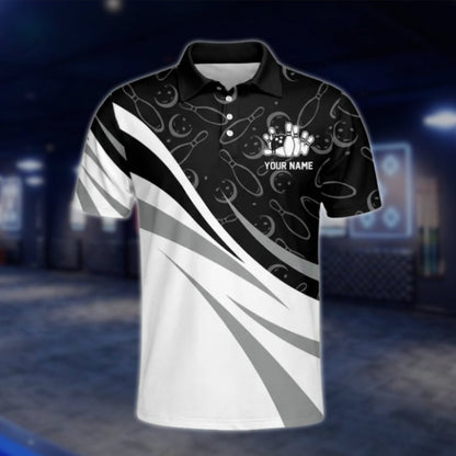 Custom Team Black White Bowling Polo Shirt For Mens, Custom Bowling Shirts BA0020