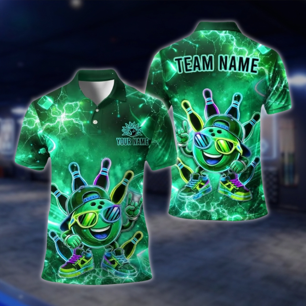 Personalized Neon Funny Ball Bowling Mens Polo Shirt Green, Custom Bowling Shirt For Team BE0254