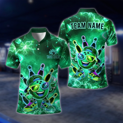 Personalized Neon Funny Ball Bowling Mens Polo Shirt Green, Custom Bowling Shirt For Team BE0254