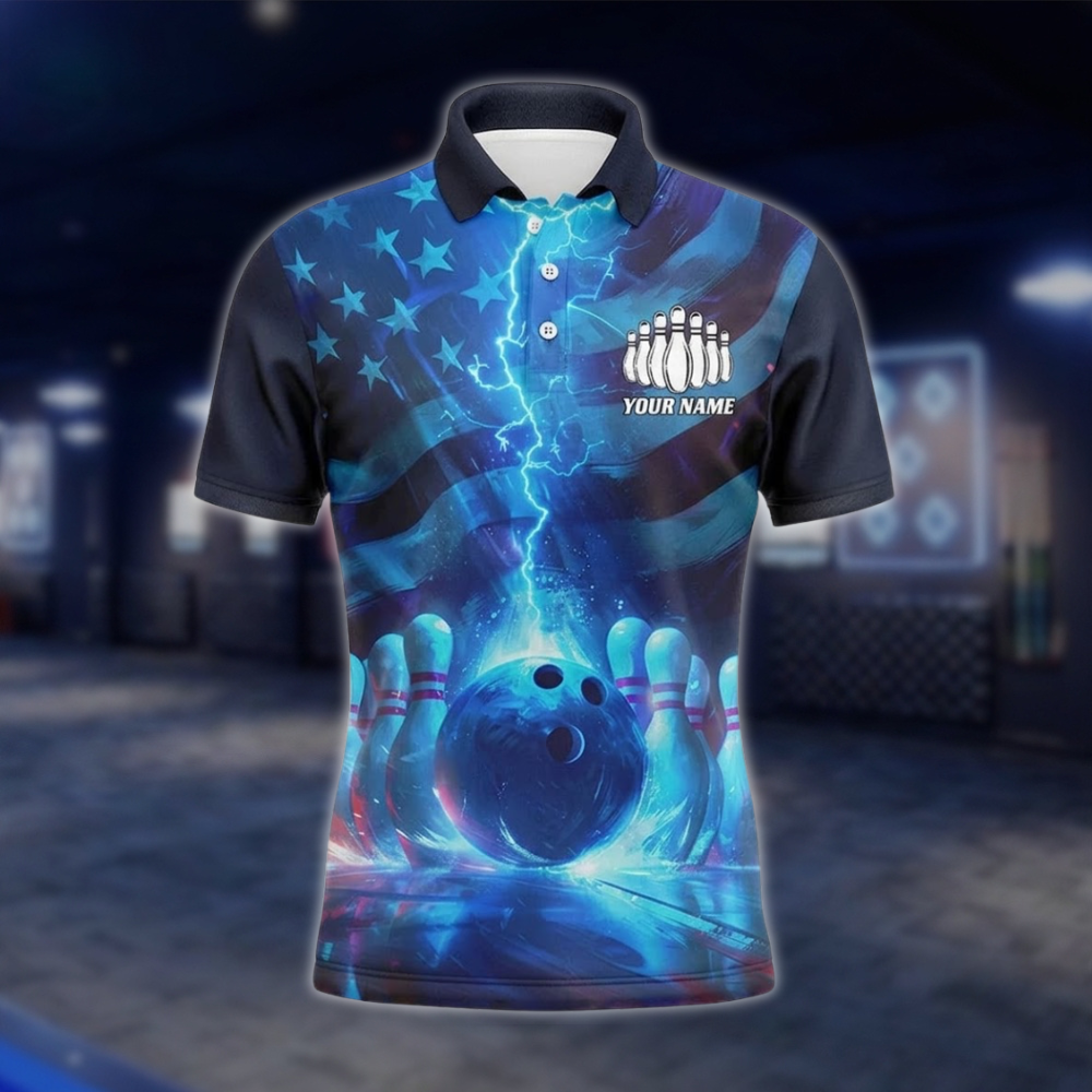 Personalized Thunder Lightning American Flag Bowling Polo Shirt For Men, Custom Patriotic Bowling Team Shirts BZ0765