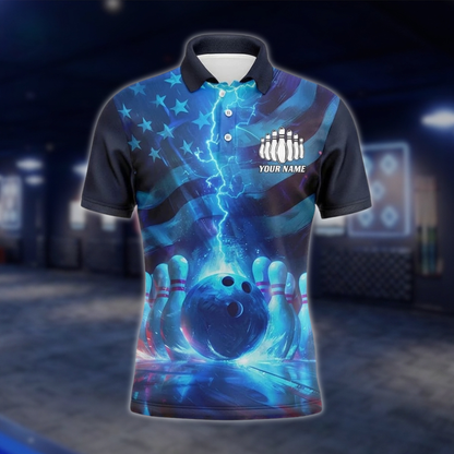 Personalized Thunder Lightning American Flag Bowling Polo Shirt For Men, Custom Patriotic Bowling Team Shirts BZ0765