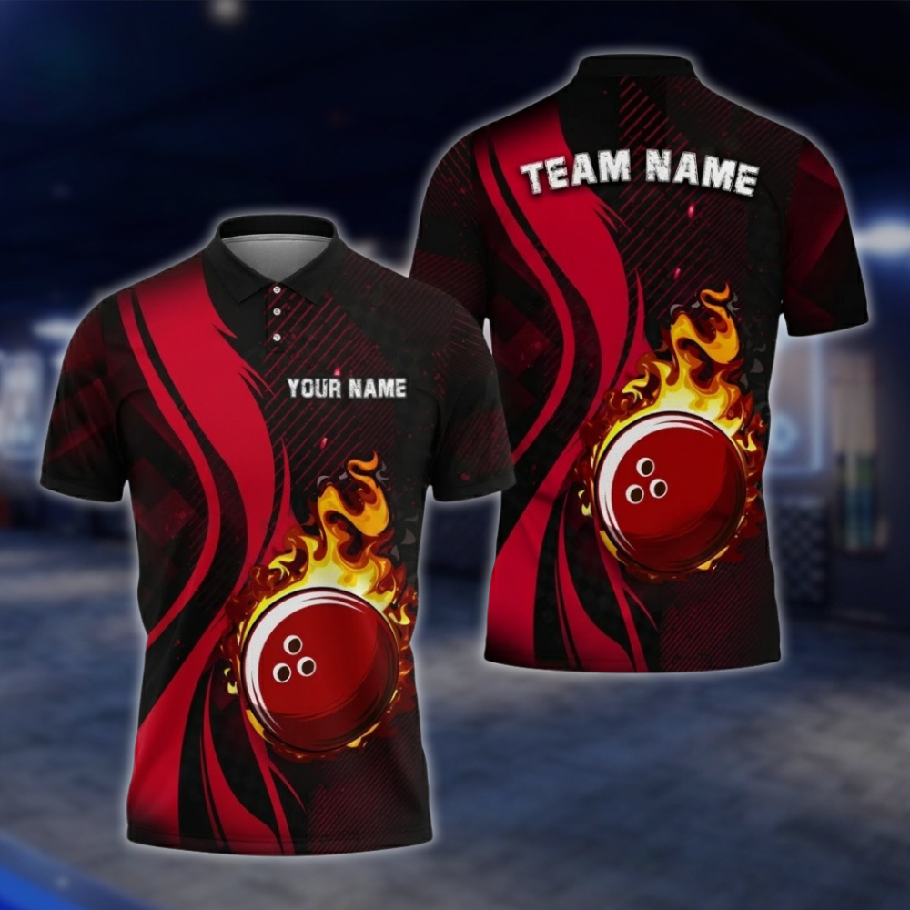 Personalized Flame Ball Men's Blue Black Bowling Polo Shirt, Custom Flame Bowling Team Shirts BZ0746